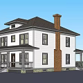 Two Story Single Family Home White Exterior Black Roof Brick Chimney Porch And Steps