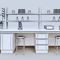 Modern Laboratory Setup With Lab Bench Shelves Test Tubes Beakers Microscope And Stools 3d model