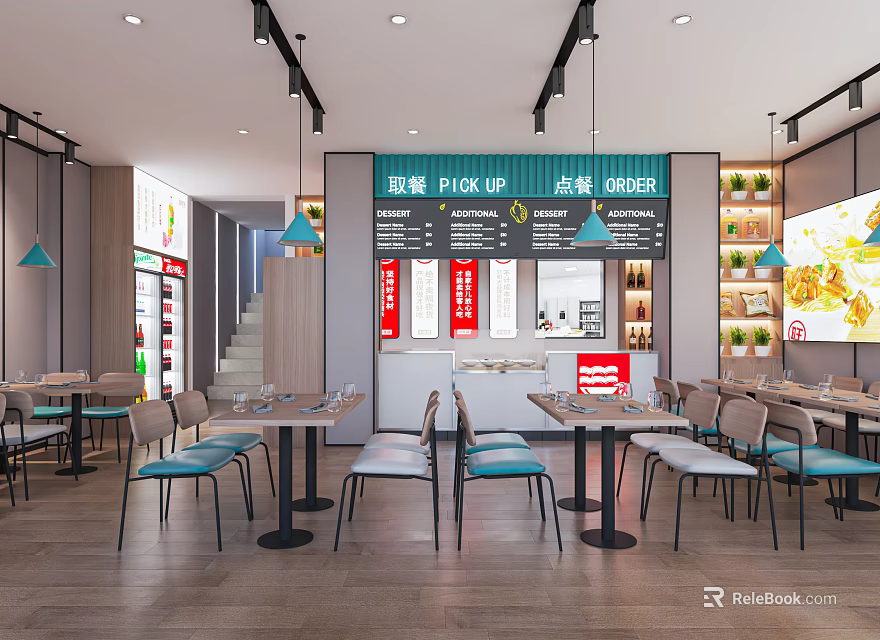 Modern Restaurant Interior with Open Kitchen Ordering Counter Menu Boards Tables and Decorative Plants 3d model 