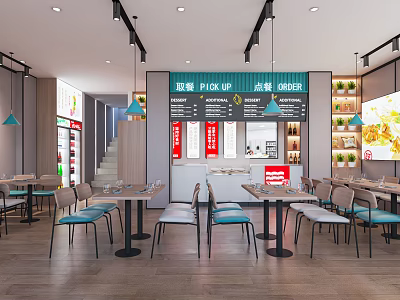 Modern Restaurant Interior with Open Kitchen Ordering Counter Menu Boards Tables and Decorative Plants 3d model