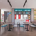 Modern Restaurant Interior with Open Kitchen Ordering Counter Menu Boards Tables and Decorative Plants