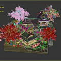 Cute Cartoon Scene With Japanese Houses Pink Cherry Trees Small Boat Red Torii Gate