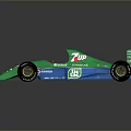 Green and blue open wheel race car with 7UP Castrol TIP logos and aerodynamic design