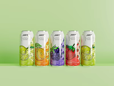 Juicy Fruit Juice Cans With Various Fruit Flavors 3d model