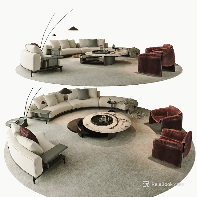 Modern Curved Sofa And Round Coffee Table Set With Burgundy Armchairs And Floor Lamp 3d model 