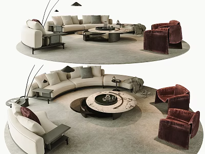 Modern Curved Sofa And Round Coffee Table Set With Burgundy Armchairs And Floor Lamp 3d model