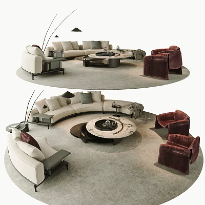 Modern Curved Sofa And Round Coffee Table Set With Burgundy Armchairs And Floor Lamp 3d model