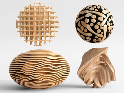 Artistic Wooden Sculptures Featuring Grid Like Spherical Patterned Layered Wavy And Irregular Designs 3d model