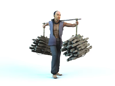 A Man Carrying Two Bundles of Firewood With a Shoulder Pole Across Shoulders 3d model