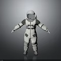 Astronaut In White Spacesuit Standing With Arms Outstretched On Grey Background