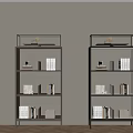 Modern Bookshelves Interior With Books Decorations Light Brown Wall And Wooden Floor