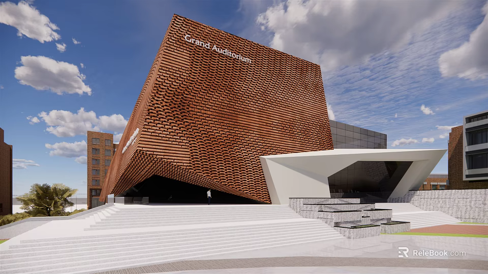 Lillehammer Art Museum Building Modern Architectural Design With Geometric Brown Facade And Stairs 3d model 
