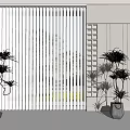 White Vertical Blinds in Modern Interior with Trees Outside and Indoor Plants