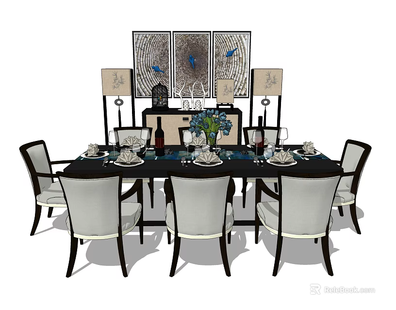 Elegant Dining Table Set With Chairs Tableware Wine Glasses And Wall Art 3d model 