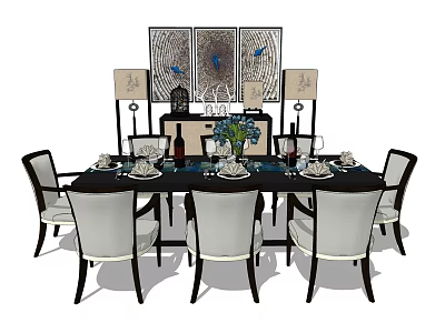 Elegant Dining Table Set With Chairs Tableware Wine Glasses And Wall Art 3d model