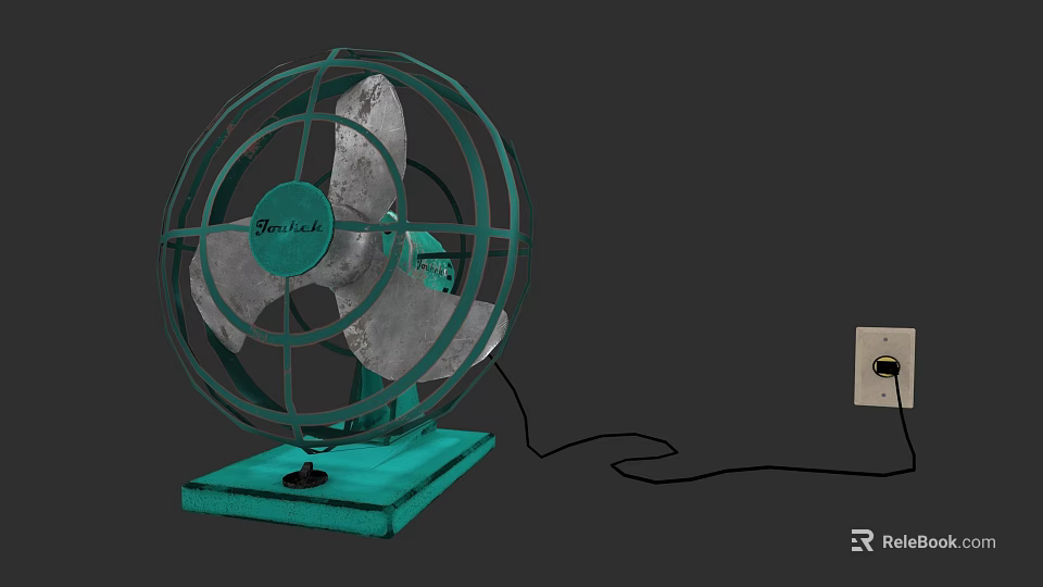 Teal Air Conditioner Fan with Metal Grille Square Base and Gray Blades 3d model 