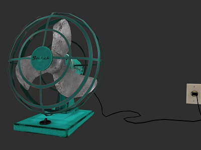 Teal Air Conditioner Fan with Metal Grille Square Base and Gray Blades 3d model