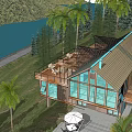 Modern Lakeside Villa With Large Glass Windows Palm Trees And Red Cars