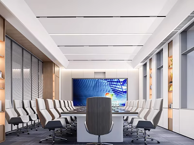Modern Conference Room Interior With Long Table Ergonomic Chairs And Large Screen 3d model