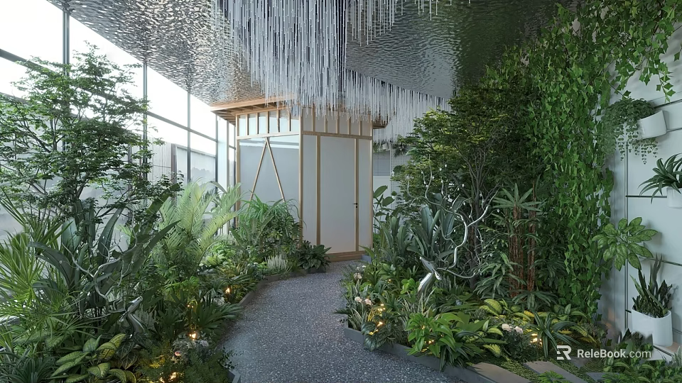 Lush Indoor Landscape With Hanging Crystal Decor Glass Walls Wooden Structure Gray Pathway And Lights 3d model 