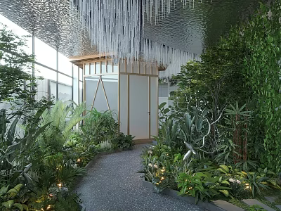 Lush Indoor Landscape With Hanging Crystal Decor Glass Walls Wooden Structure Gray Pathway And Lights 3d model