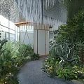 Lush Indoor Landscape With Hanging Crystal Decor Glass Walls Wooden Structure Gray Pathway And Lights