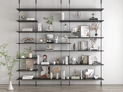 Modern Minimalist Open Storage Shelf With Books Vases Ornaments And Decorative Photo Frames 3d model