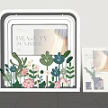 Beauty Summer Themed Window Display With White Frame Green Plants And Pink Flowers