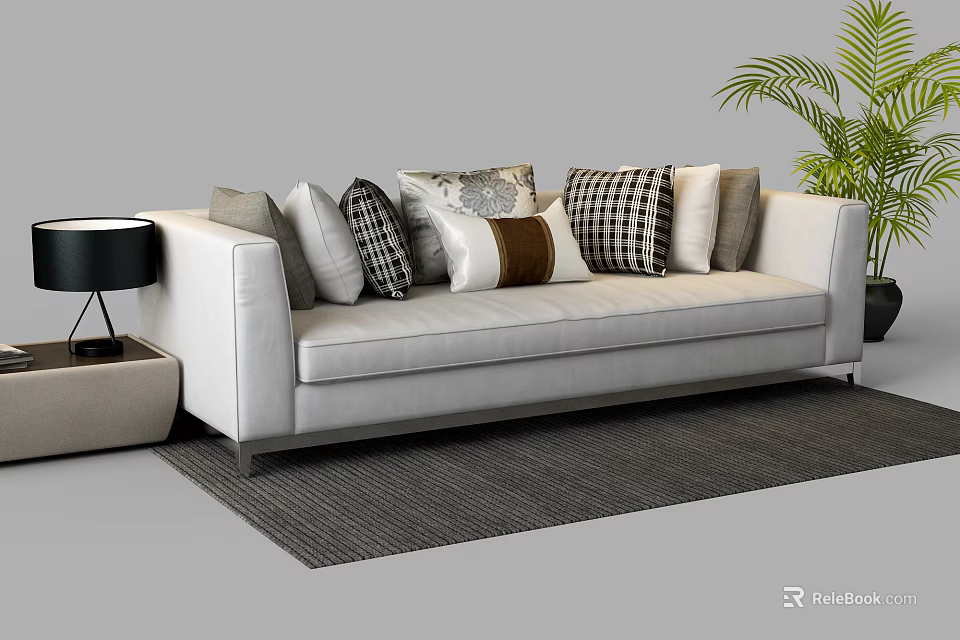 Modern White Sectional Sofa With Multiple Patterned Pillows Side Table And Green Plant 3d model