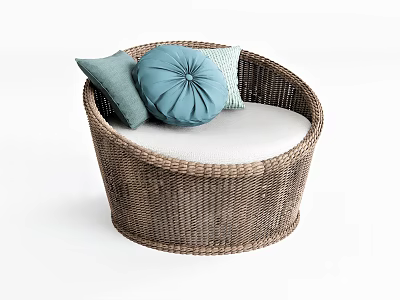 Round Woven Rattan Outdoor Sofa With White Cushion And Blue Light Green Pillows 3d model