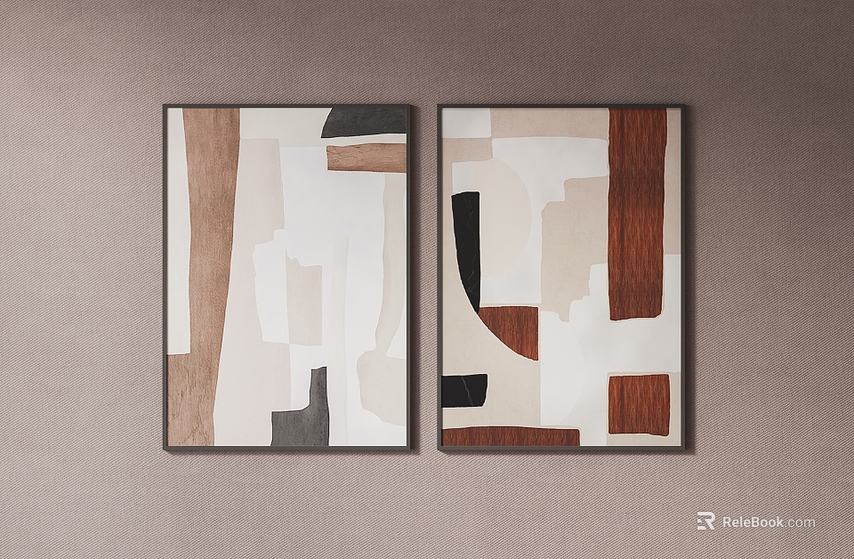 Two Framed Abstract Paintings Featuring Geometric Shapes And Neutral Color Tones 3d model 