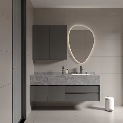 Modern Gray Wall Mounted Bathroom Vanity Cabinet With Marble Countertop And LED Mirror 3d model