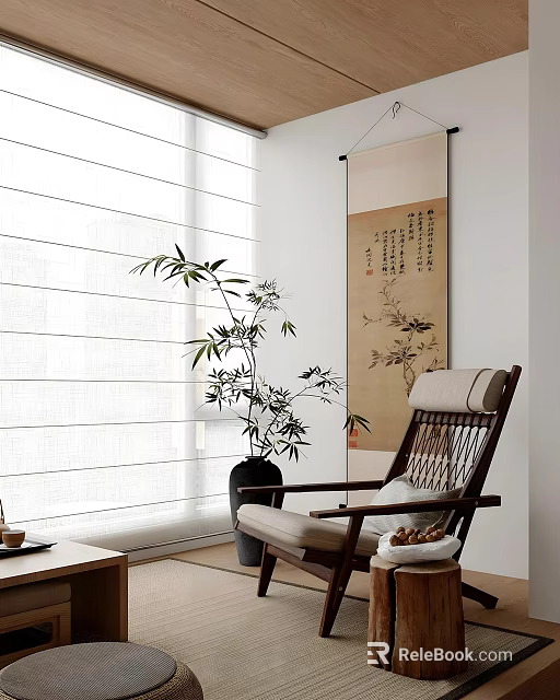 Traditional Tea Room Interior With Bamboo Plant Calligraphy Scroll Wooden Chair And Natural Light 3d model 