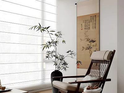 Traditional Tea Room Interior With Bamboo Plant Calligraphy Scroll Wooden Chair And Natural Light 3d model