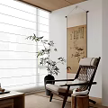 Traditional Tea Room Interior With Bamboo Plant Calligraphy Scroll Wooden Chair And Natural Light
