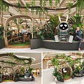 Public Chairs In Mall Rest Area With Green Plants And Rabbit Sculpture