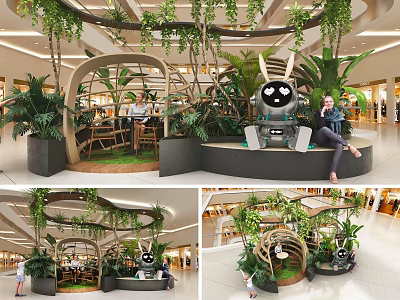 Public Chairs In Mall Rest Area With Green Plants And Rabbit Sculpture 3d model