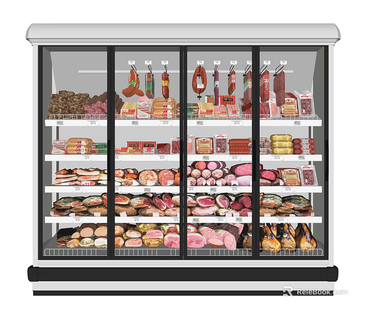 Commercial Glass Door Display Freezer With Various Meat Products Sausages Ham And Slices 3d model 