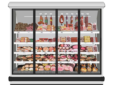 Commercial Glass Door Display Freezer With Various Meat Products Sausages Ham And Slices 3d model