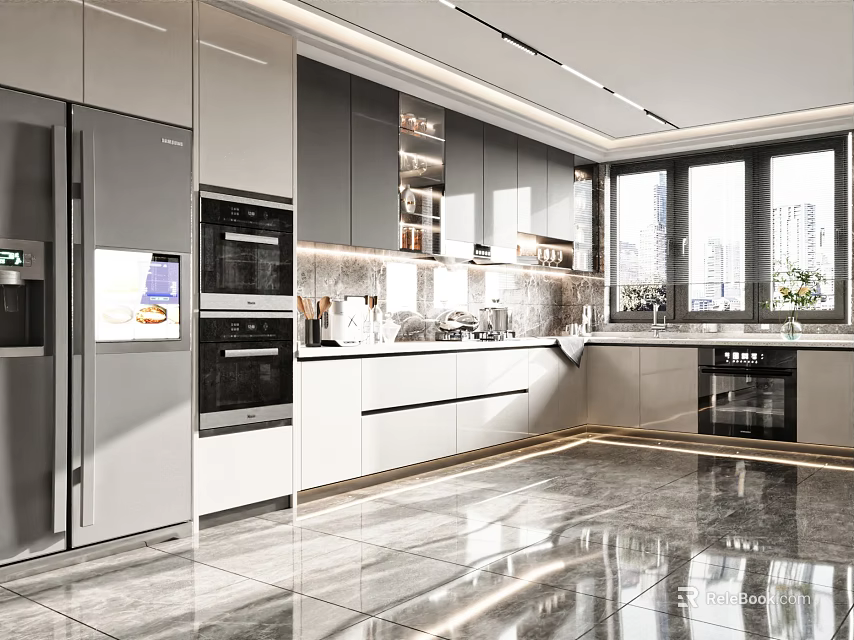 Modern Kitchen Interior Design With Sleek Cabinets Marble Countertop And Large Windows 3d model 