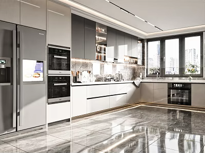 Modern Kitchen Interior Design With Sleek Cabinets Marble Countertop And Large Windows 3d model