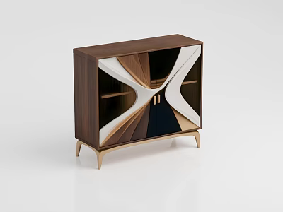 Modern Entryway Side Cabinet With Walnut Wood Geometric Pattern And Metal Legs 3d model
