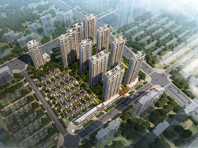 Aerial View Planning With High Rise Buildings Low Rise Houses Road Network And Greenery 3d model