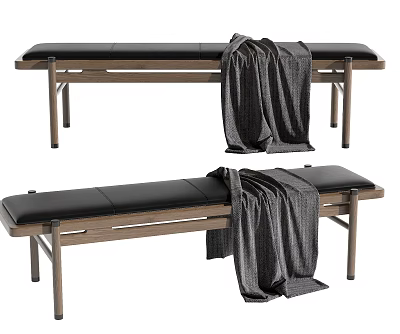Wooden Bench With Black Cushioned Seat And Gray Blanket For Home Decor 3d model