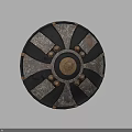 Vintage Circular Shield With Black And Silver Radiant Design And Golden Center Rivets
