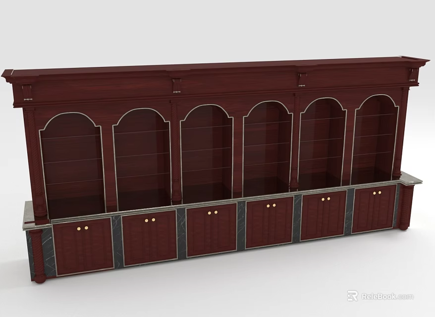 Dark Red Traditional Display Cabinet Shelf With Arched Glass Doors Golden Handles And Marble Base 3d model 