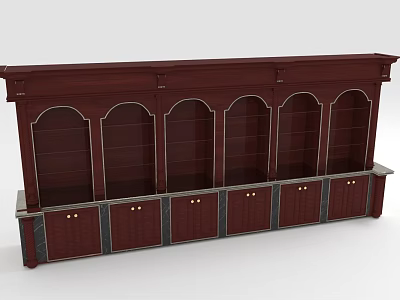 Dark Red Traditional Display Cabinet Shelf With Arched Glass Doors Golden Handles And Marble Base 3d model