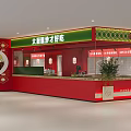 Red Accent Restaurant Interior With Green Walls Lantern Decor White Plate Display And Wooden Seats