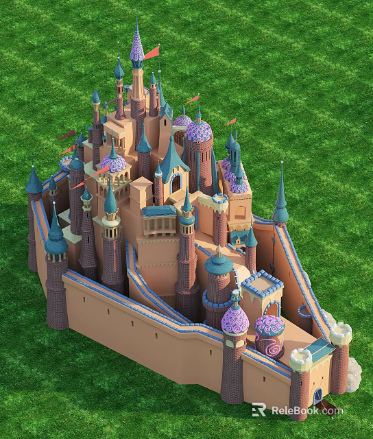 Ancient Castle Architecture Featuring Towers Spires Purple Domes And Green Grass 3d model 