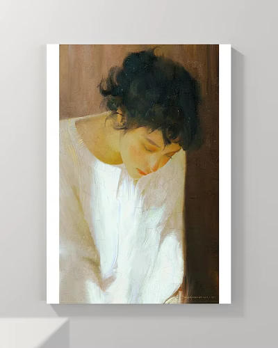 Female Portrait Painting with Curly Black Hair White Garment Bowed Head Soft Light Brown Background 3d model